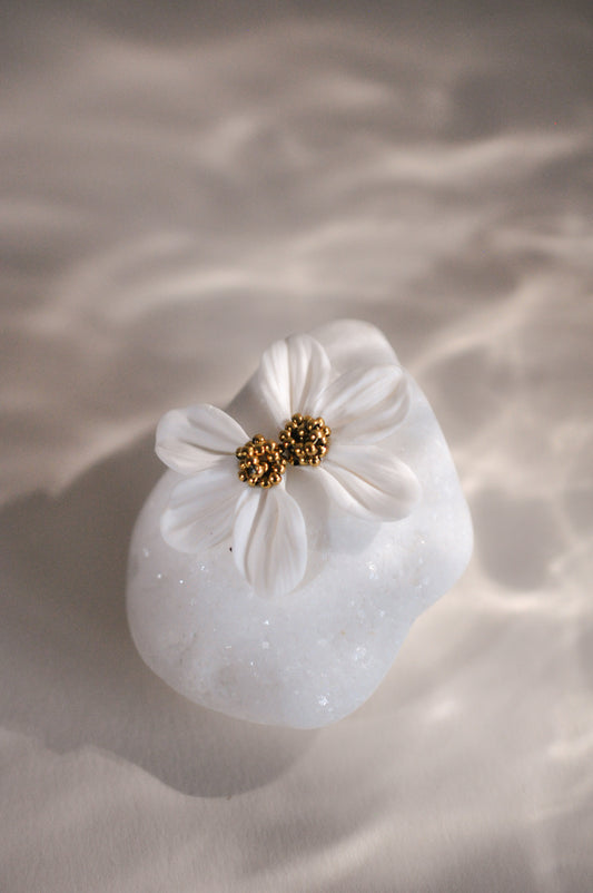 Gold & White Flower Earrings