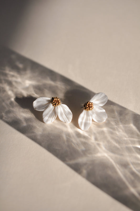 Gold & White Flower Earrings