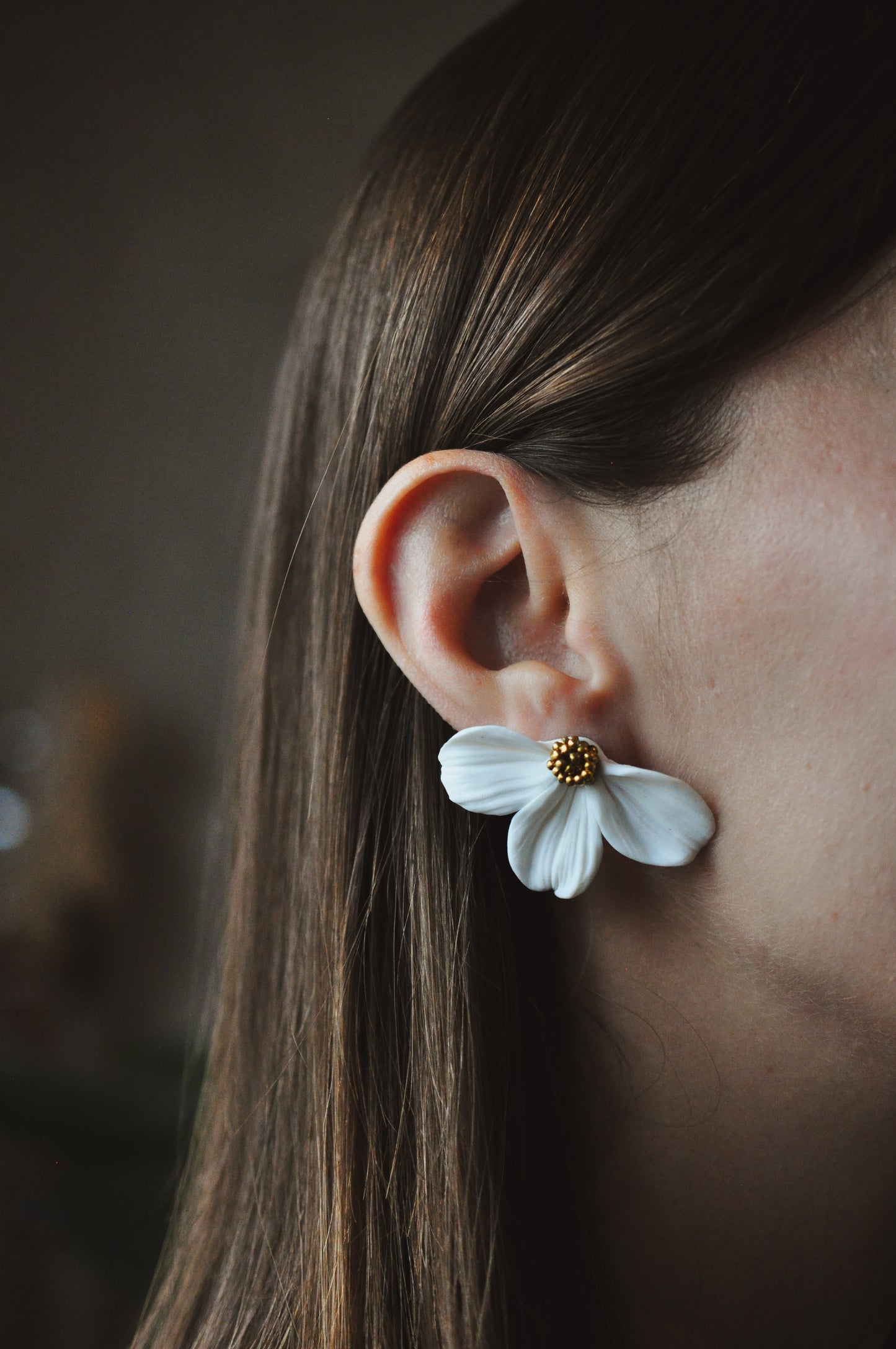 Gold & White Flower Earrings
