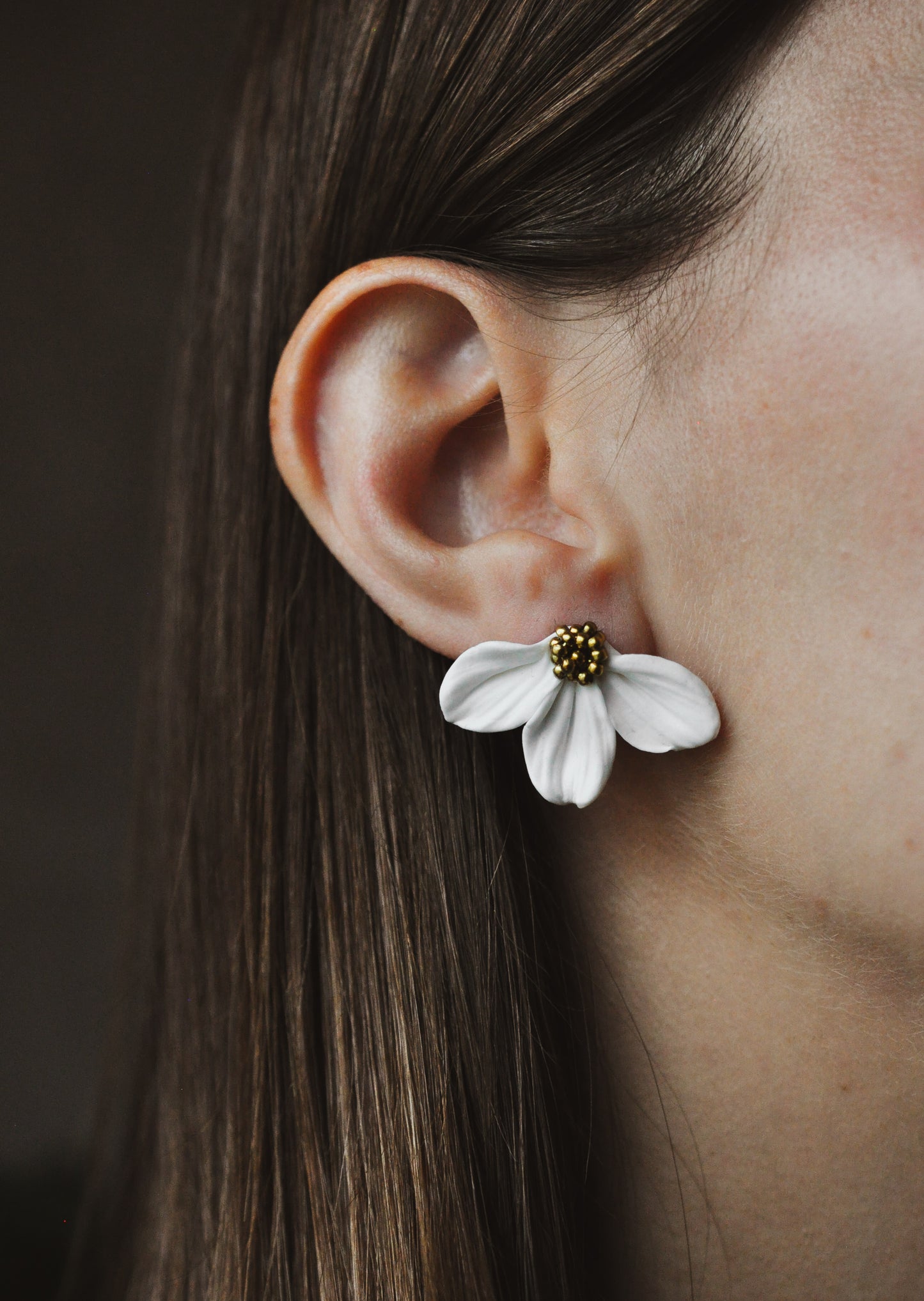Gold & White Flower Earrings